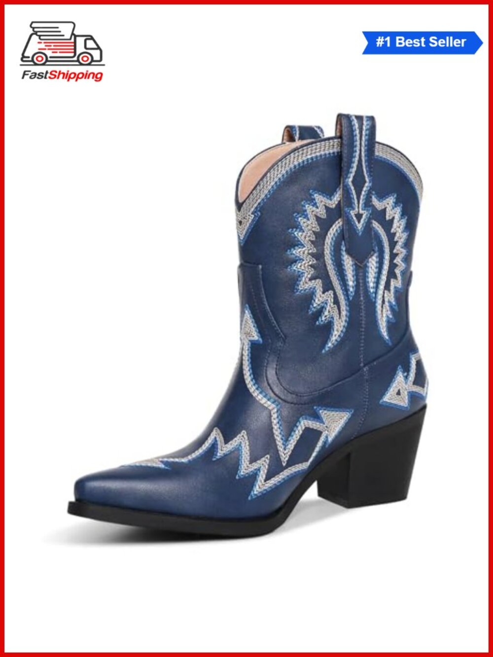 ✨ Western Ankle Cowboy Boots Chunky Pointed Toe Wide Calf PU Leather